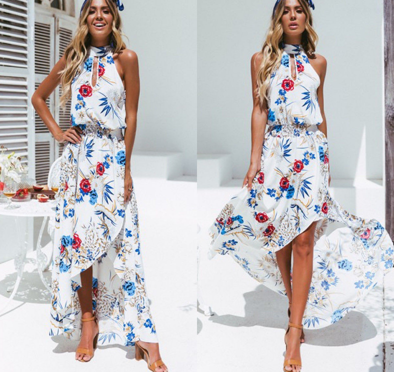 Women's Maxi Dress - Halter Neck Keyhole - Flowy Asymmetrical Skirt - Elegant Fit