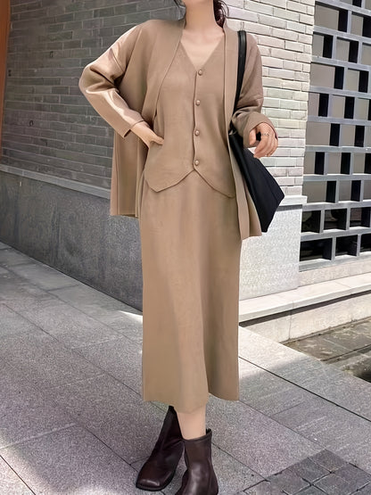 Three-piece cardigan, vest, and skirt knit set for women