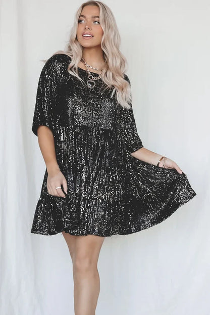 Women's Dress - Loose Fit - Tiered Skirt - Elbow Sleeve Casual Wear - Sequin Detail