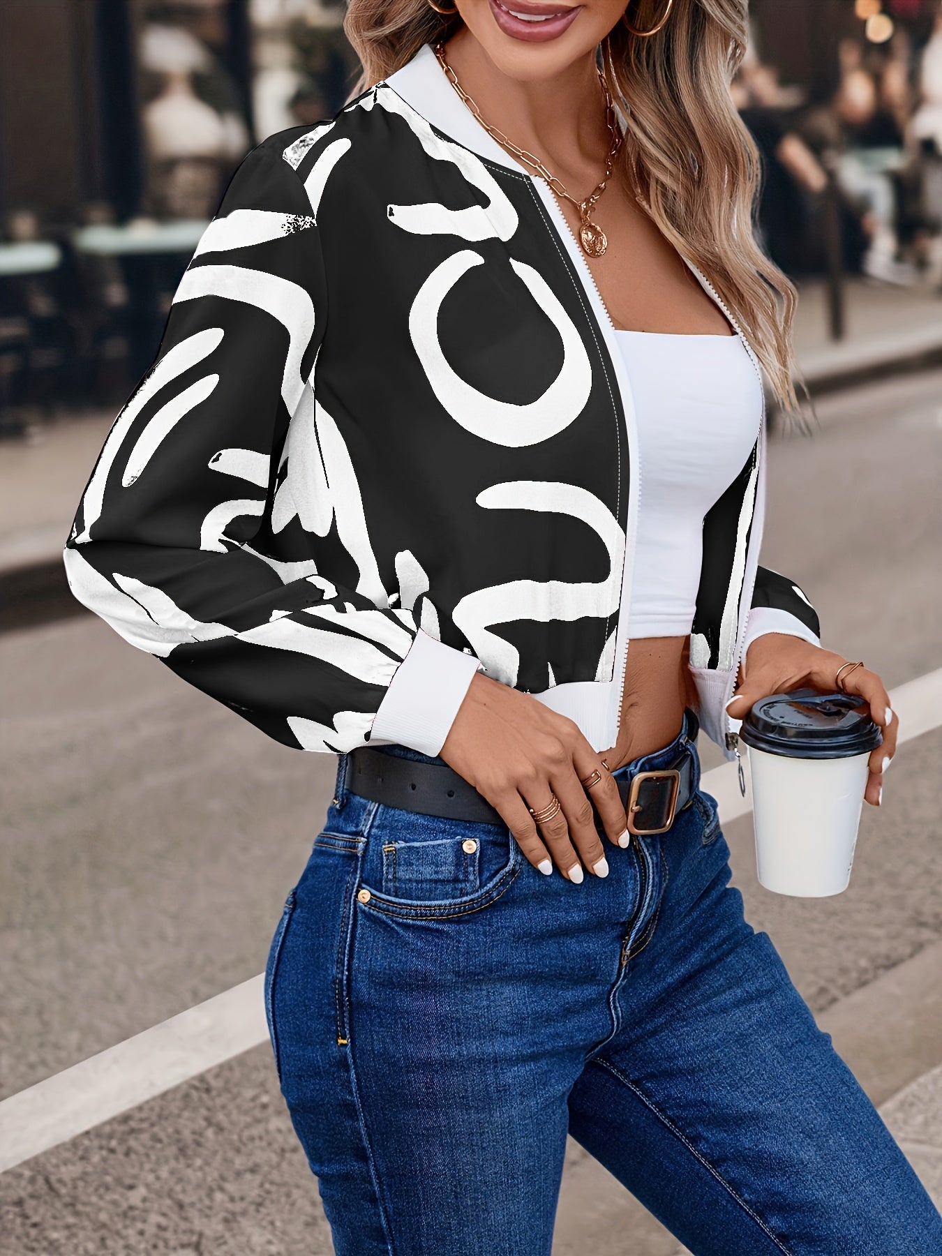 Motorcycle style bomber jacket loose fit zipper closure for women
