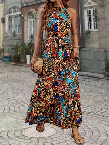 Halter neck bohemian printed sleeveless maxi dress for women