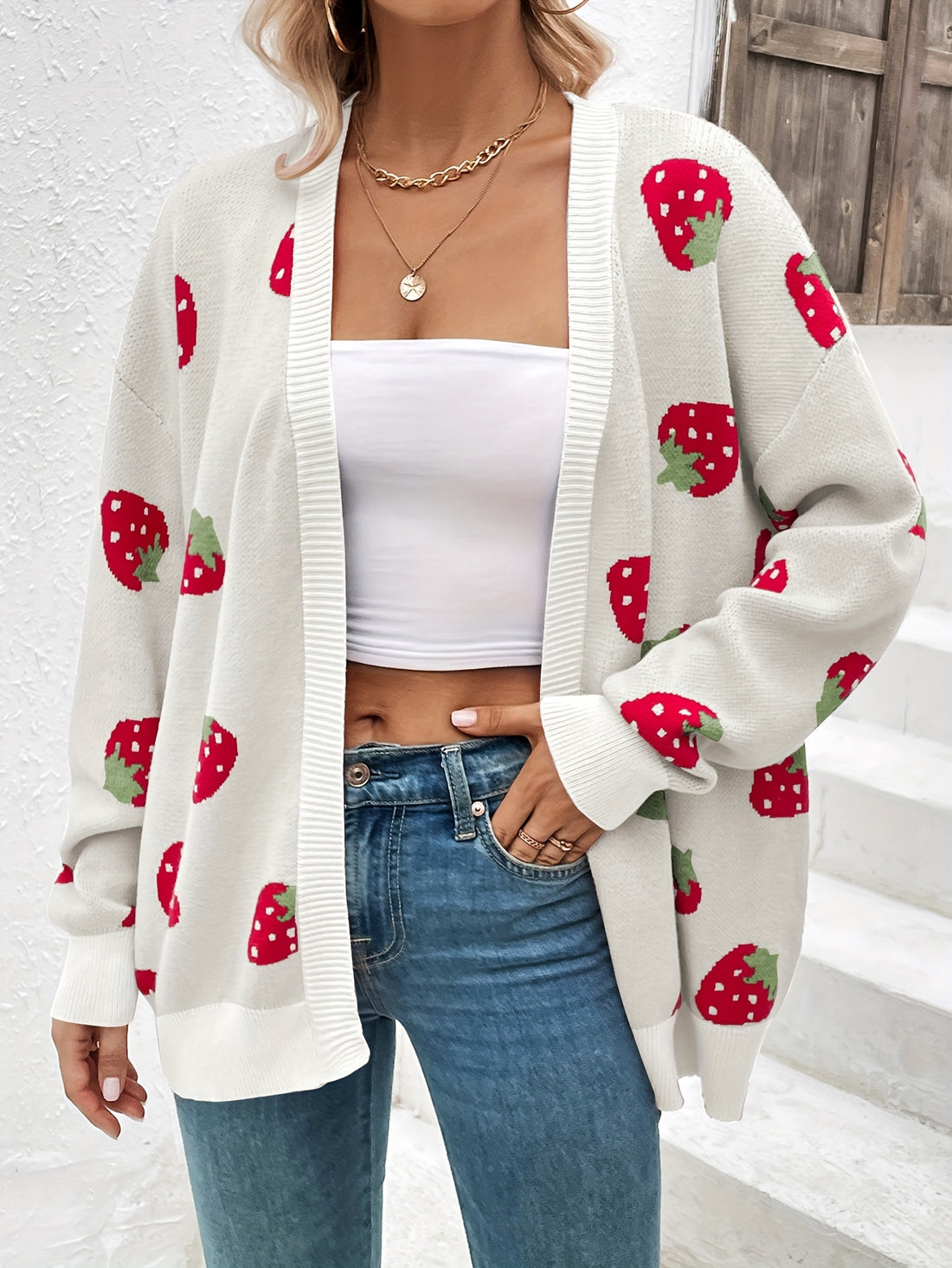 Strawberry print open-front cardigan with long sleeves and ribbed edges for women