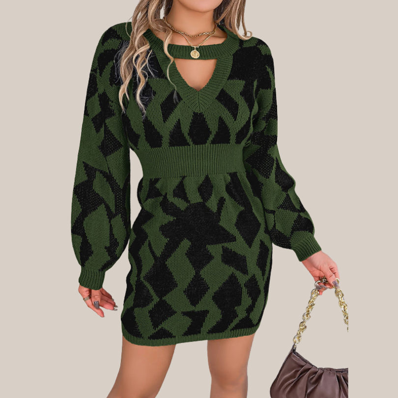 Geometric Pattern Knit V-Neck Dress