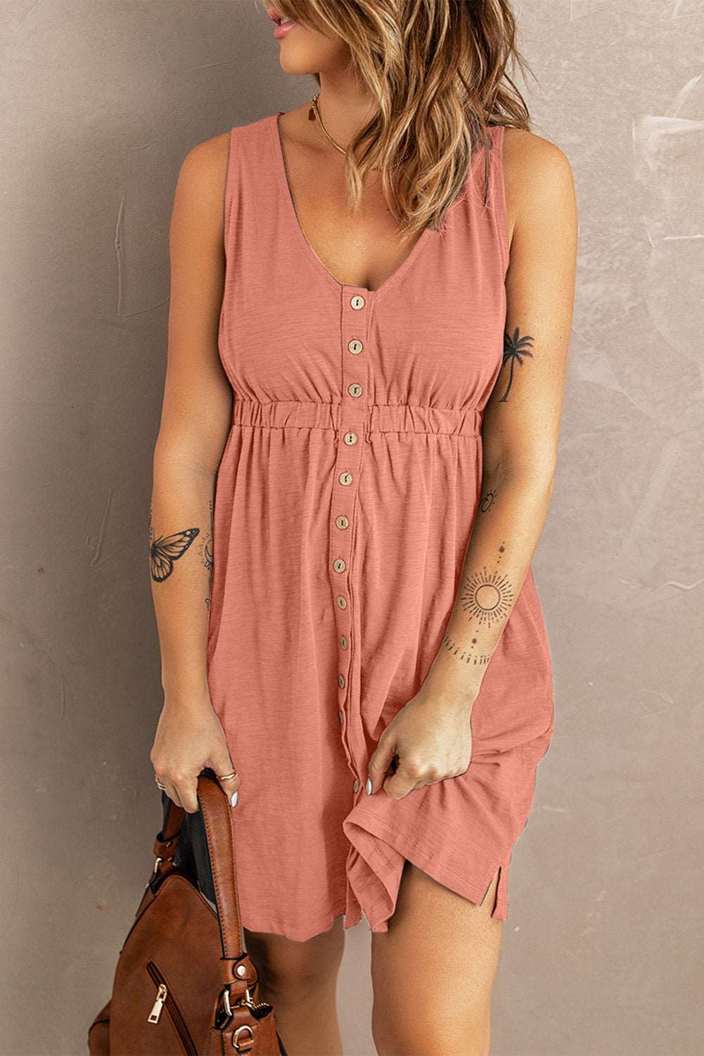 Women's Sleeveless Button-Up Mini Dress - V-Neck - Elastic Waist - Casual Fit