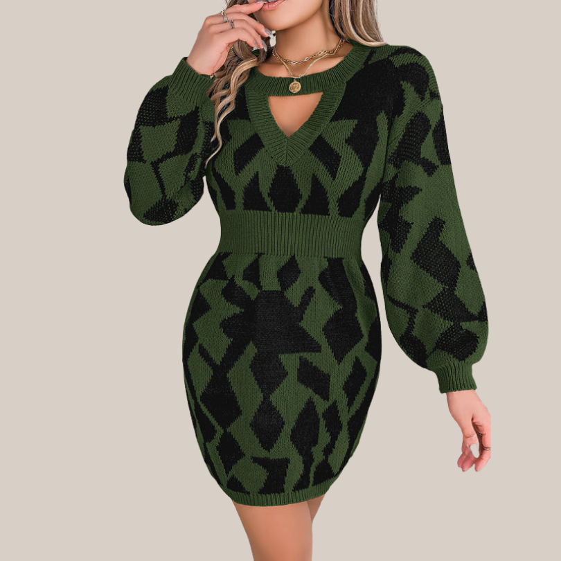 Geometric Pattern Knit V-Neck Dress