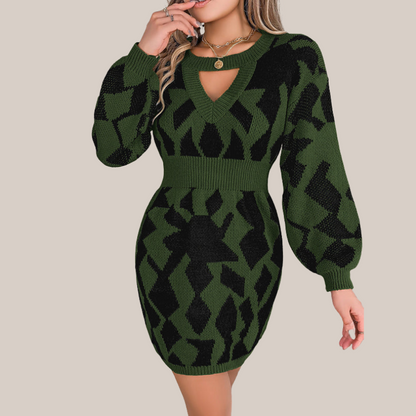 Women's Knit V-Neck Dress with Geometric Pattern