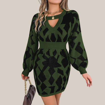 Women's Knit V-Neck Dress with Geometric Pattern