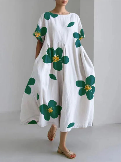 Women's Casual Loose Floral Dress with Round Neck – Spring Summer
