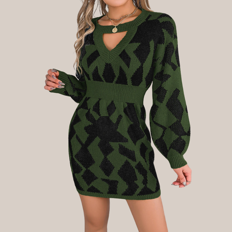 Geometric Pattern Knit V-Neck Dress