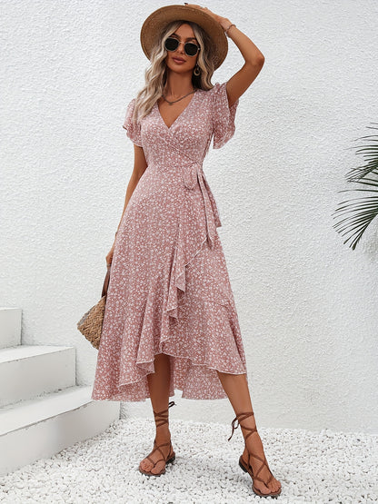 Women's Wrap Dress - Floral Print - V-Neck - Short Ruffle Sleeves - Midi Length