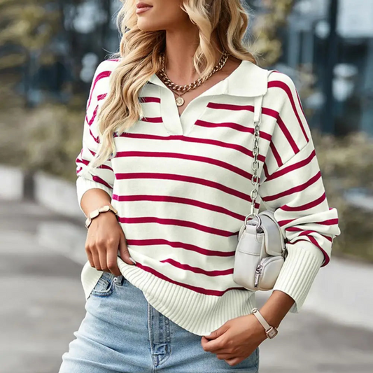 Striped Collared V-Neck Ribbed Knit Sweater