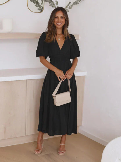 Women's Midi Dress - V-Neck - Puff Sleeve - Fitted Waist - Tiered Skirt - Lightweight