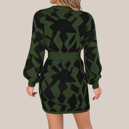 Women's Knit V-Neck Dress with Geometric Pattern