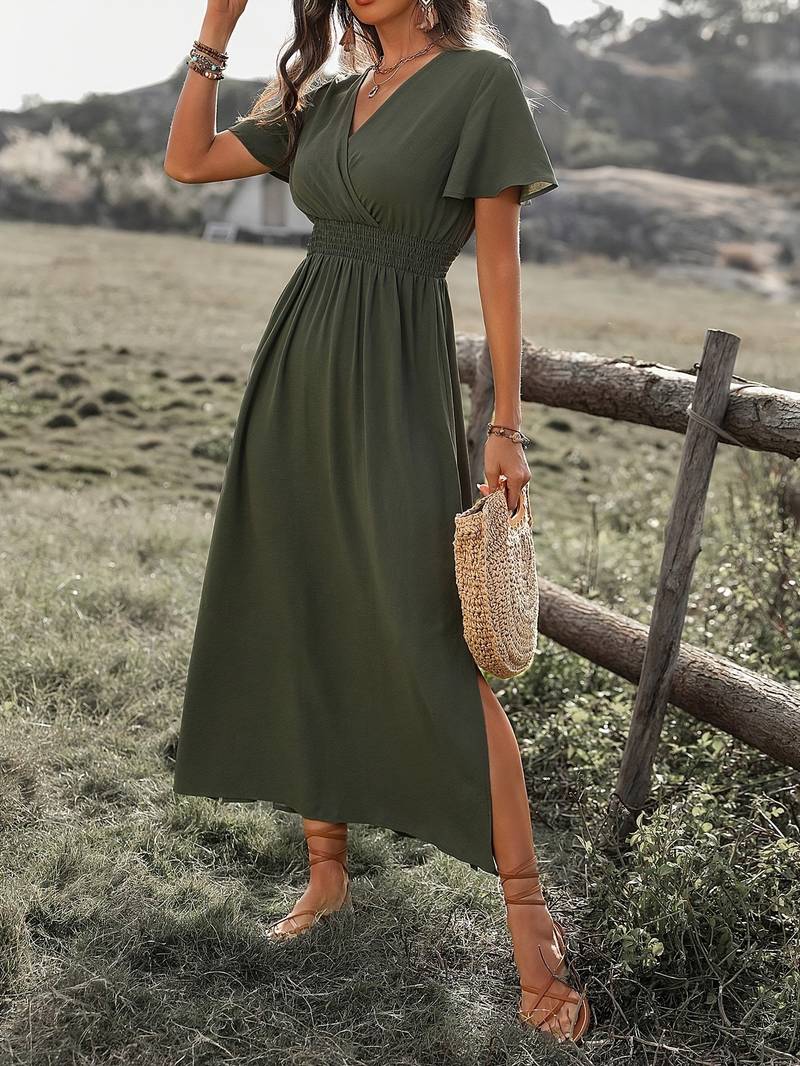 V-neck short sleeve smocked waist maxi dress for women