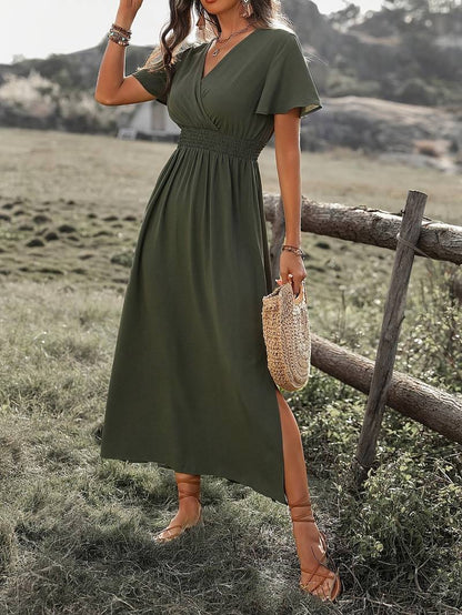 V-neck short sleeve smocked waist maxi dress for women