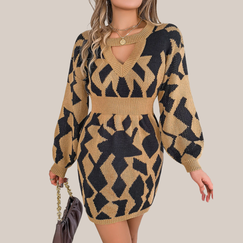 Geometric Pattern Knit V-Neck Dress