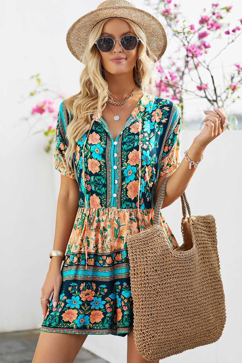 Farida - floral multicolored tie-neck romper