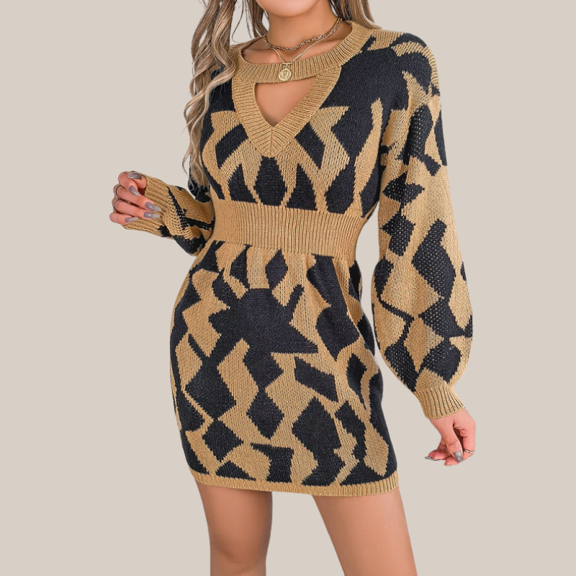 Women's Knit V-Neck Dress with Geometric Pattern