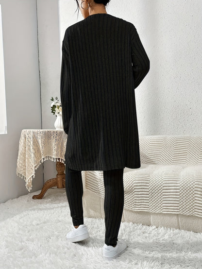 Three-piece ribbed tank top, cardigan, and pants lounge set for women