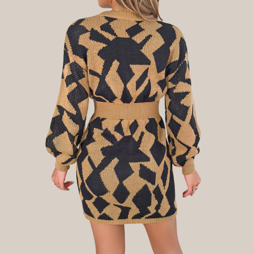 Women's Knit V-Neck Dress with Geometric Pattern