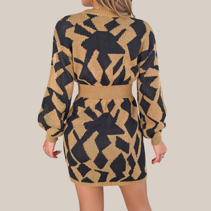 Women's Knit V-Neck Dress with Geometric Pattern