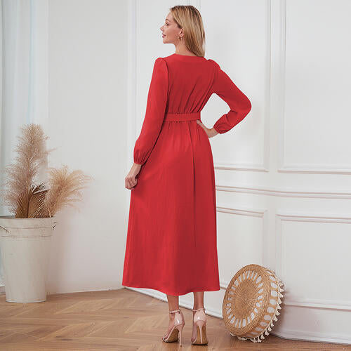 Women's Maxi Dress - V-Neck Button Front - Long Sleeve Tie Waist Flowy Fit