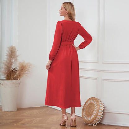 Women's Maxi Dress - V-Neck Button Front - Long Sleeve Tie Waist Flowy Fit