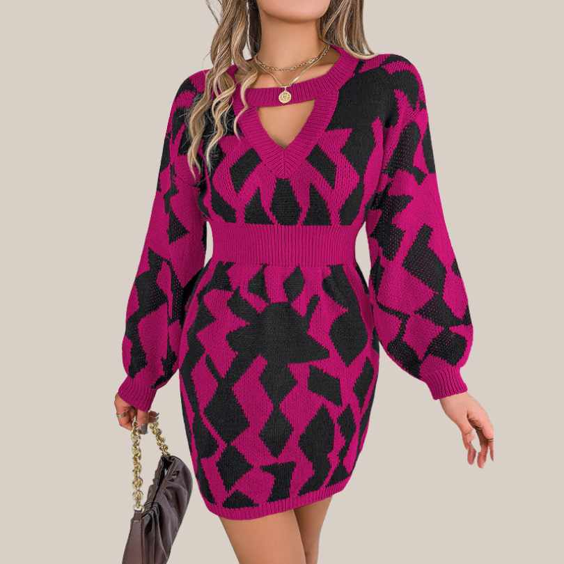 Geometric Pattern Knit V-Neck Dress