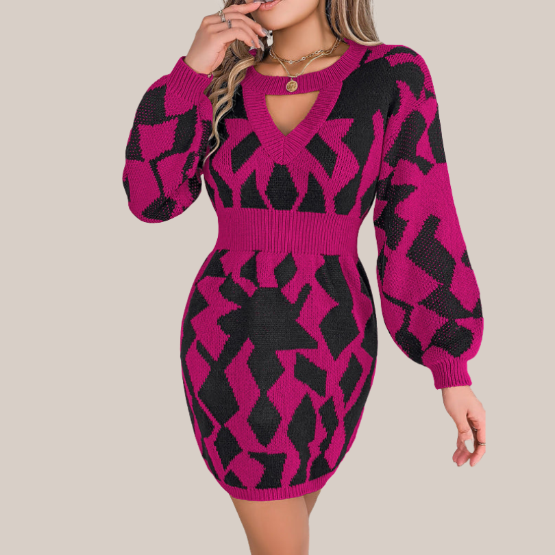 Women's Knit V-Neck Dress with Geometric Pattern
