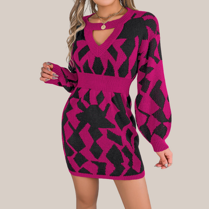 Women's Knit V-Neck Dress with Geometric Pattern