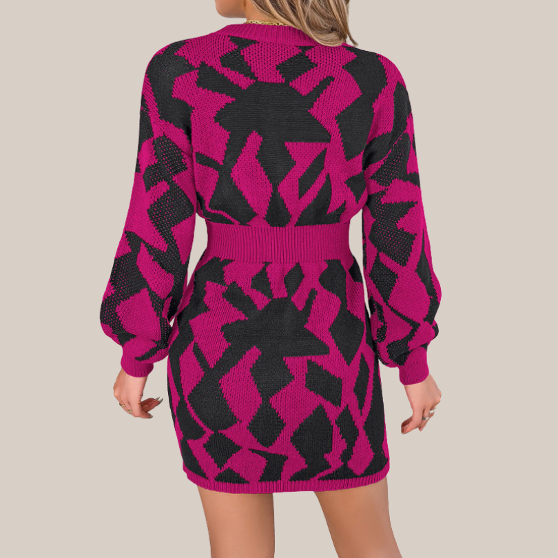 Women's Knit V-Neck Dress with Geometric Pattern