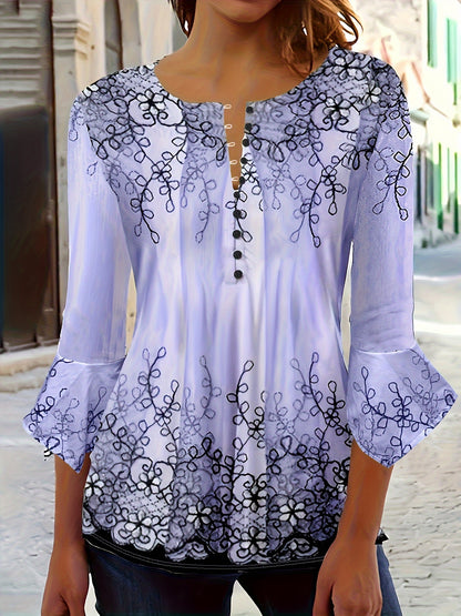 Women’s Blouse - Embroidered Lace Detail - Button-Up - Relaxed Fit - 3/4 Sleeve