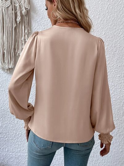 Women's Blouse - Wrap Front V-Neck - Long Sleeve Shirred Cuffs - Relaxed Fit