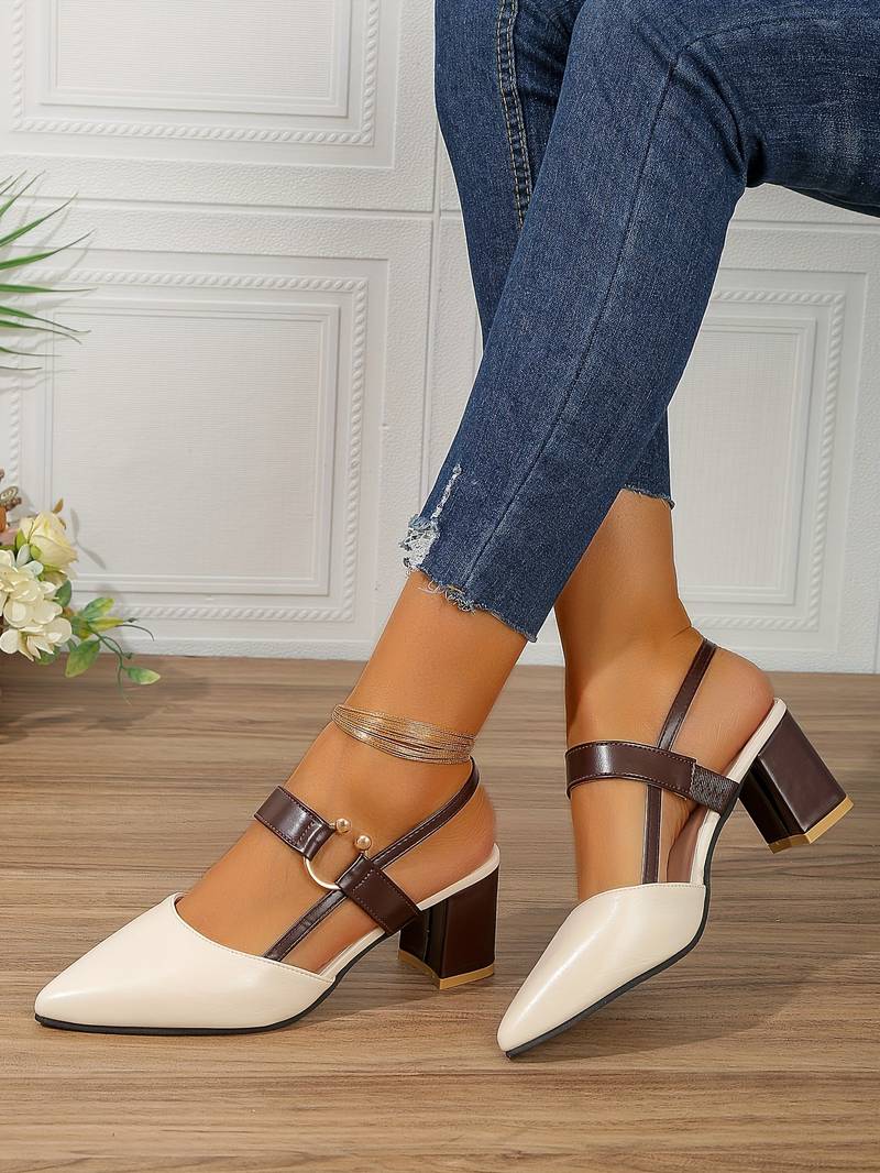 Women's Slingback Heels - Pointed Toe - Block Heel - Adjustable Strap Elegant Design