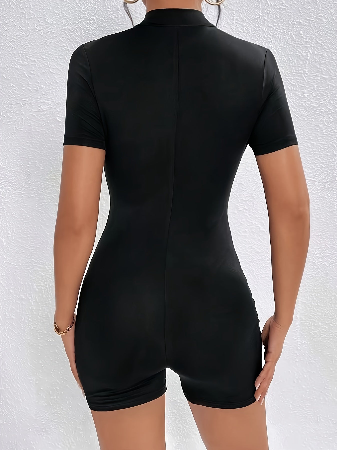 Women's Romper - Short Sleeve Bodycon Fit - High Neck Zip Front - Stretchy Casual Wear