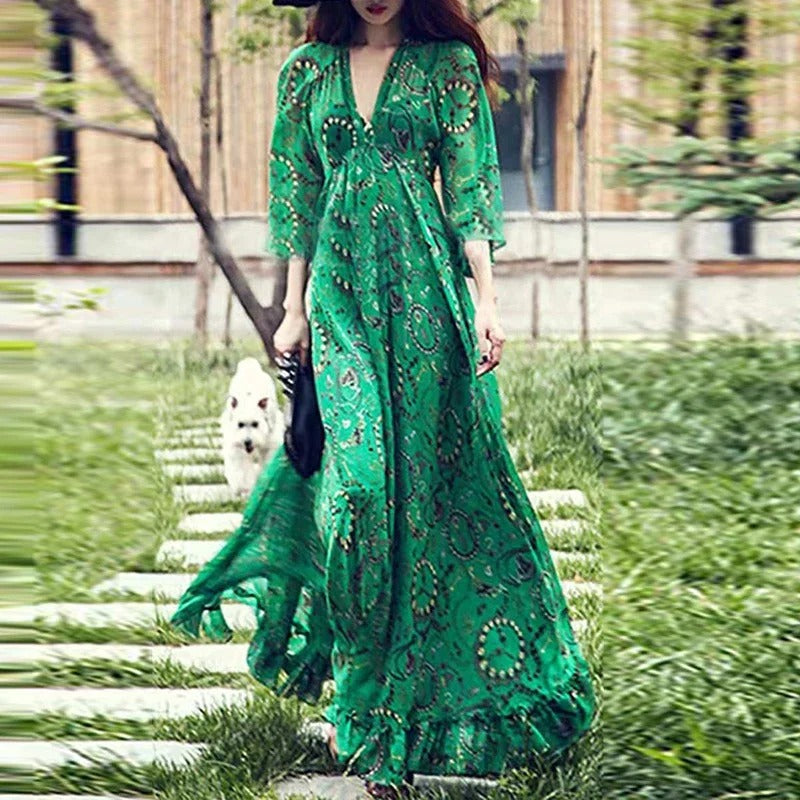 Women's v-neck printed flowy long dress