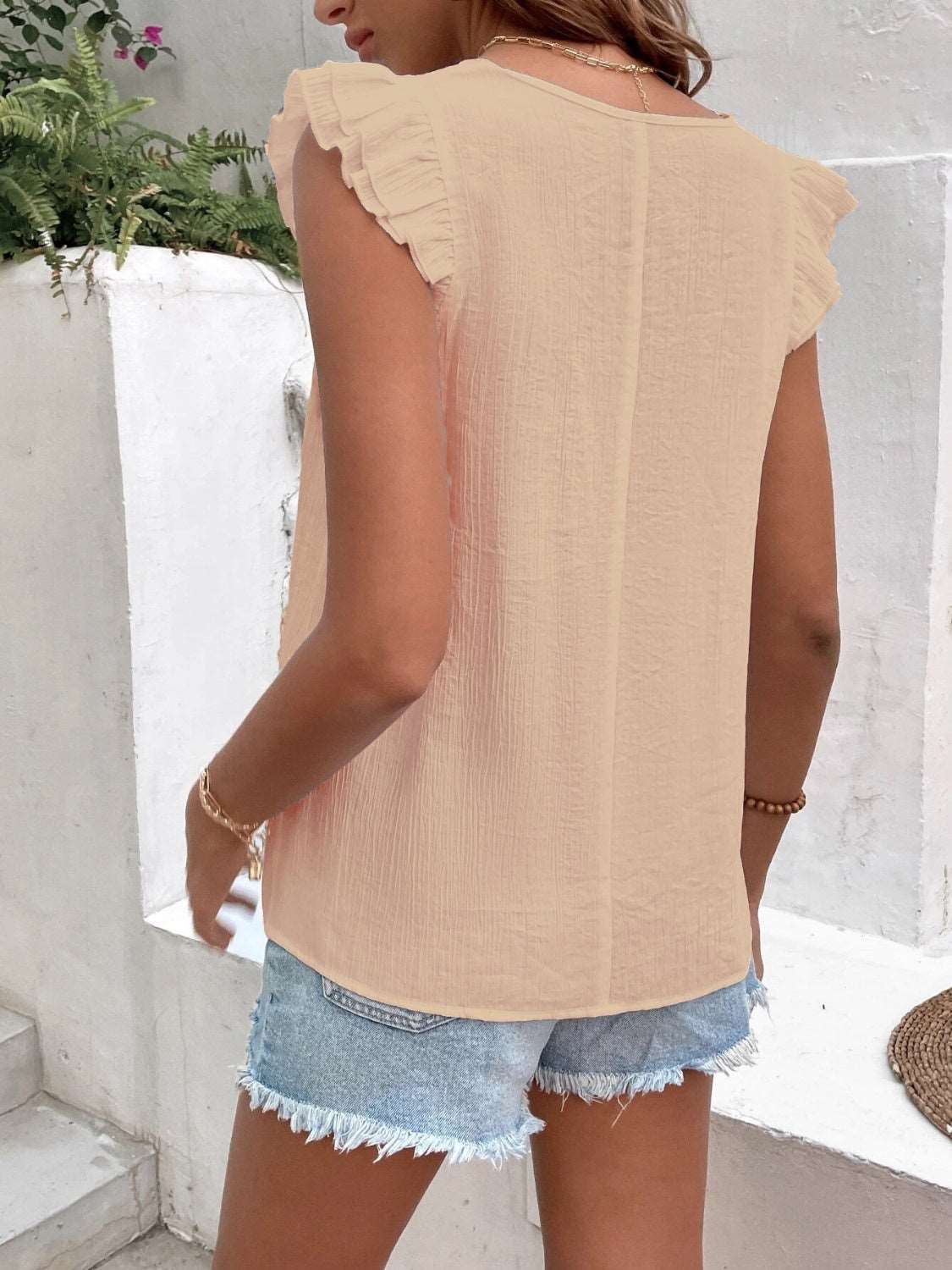 Women's Sleeveless Blouse - V-Neck Embroidered - Lightweight Flowy Ruffled