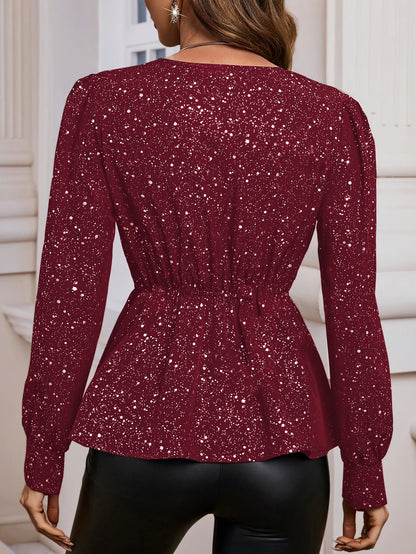 V-neck long-sleeved asymmetrical hem peplum top for women