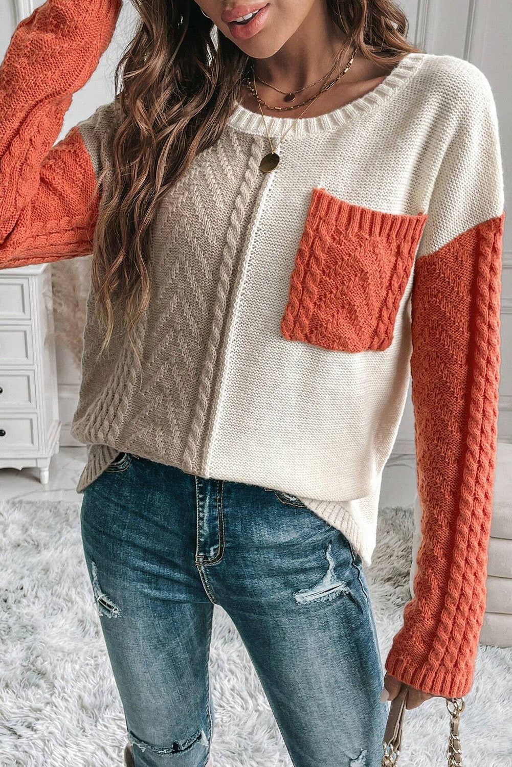 Women's casual patchwork pullover knitted sweater with pockets