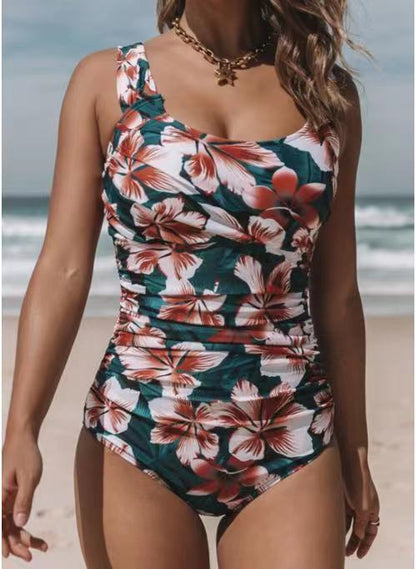 Women's One-Piece Swimsuit - Floral Print - Asymmetrical One-Shoulder - Ruched Design
