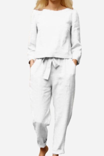 Women’s Two-Piece Set – Relaxed Fit – Long Sleeve Top – Tapered Pull-On Pants