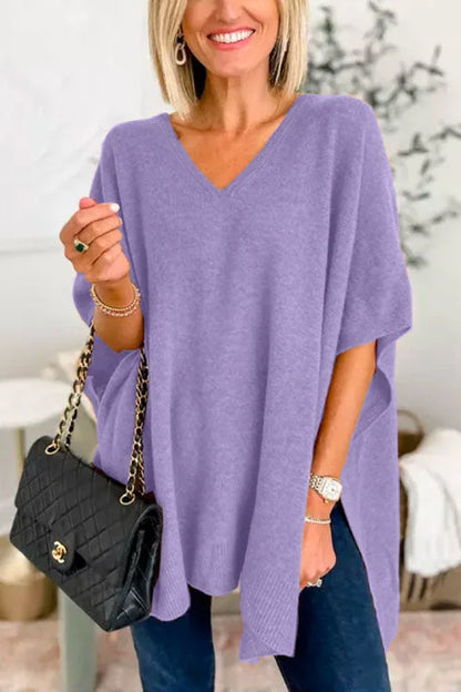 Women's Poncho Top - Loose Fit - Soft Knit - V-Neck Flowy Draped Style