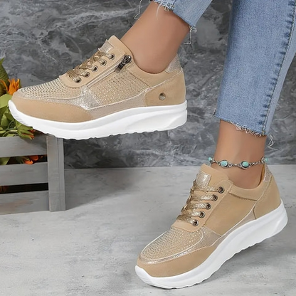 Women's Sneakers - Breathable Mesh Upper - Lace-Up with Side Zipper - Cushioned Sole