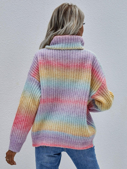 Women's rainbow ribbed turtleneck sweater with drop shoulders