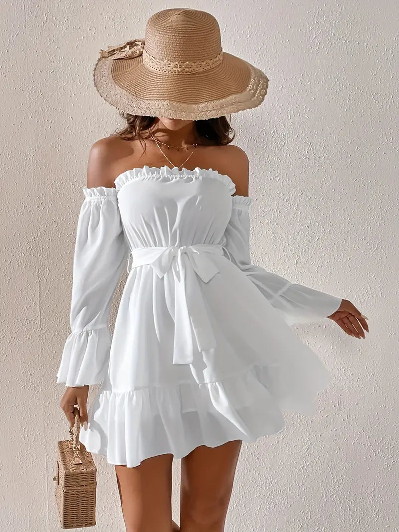 Women's off-shoulder ruffle hem drawstring dress