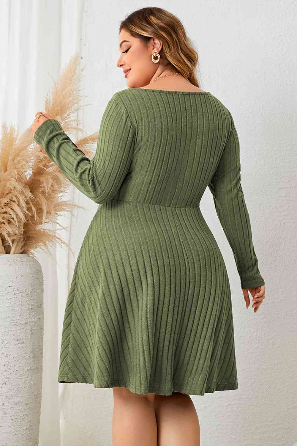 Women's Ribbed Knit Dress - Fit and Flare - Long Sleeve Square Neck Tie Front