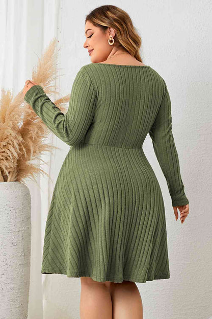 Women's Ribbed Knit Dress - Fit and Flare - Long Sleeve Square Neck Tie Front