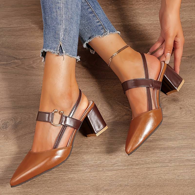 Women's Slingback Heels - Pointed Toe - Block Heel - Adjustable Strap Elegant Design