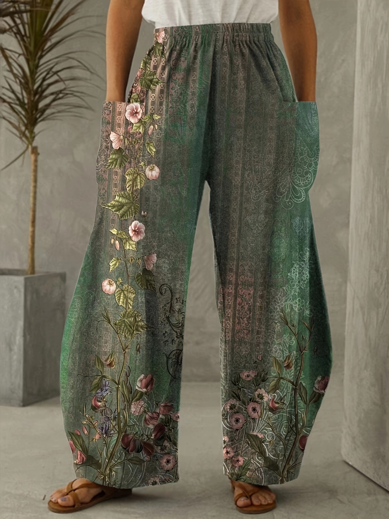 Green floral printed high-waist wide-leg casual pants for women