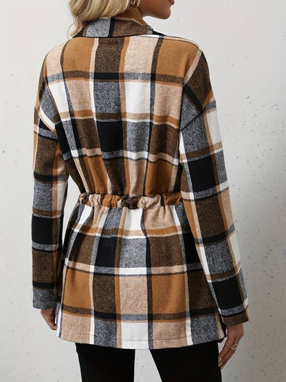 Women's Shacket - Plaid Longline - Button Down - Drawstring Waist - Casual Fit